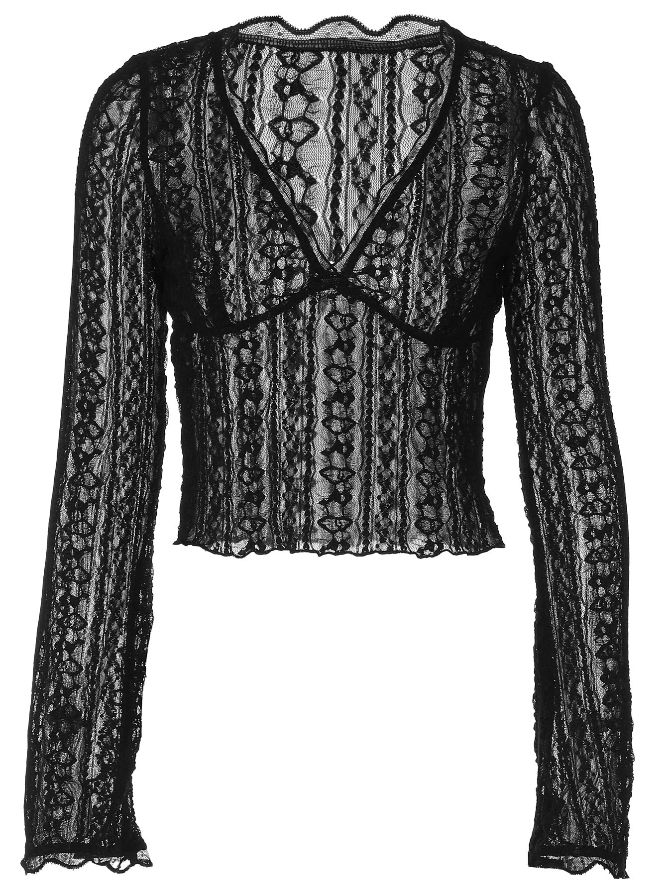 Women's Sheer Black Lace Long Sleeve Top – V-Neck See-Through Floral Lace Blouse - Image 5