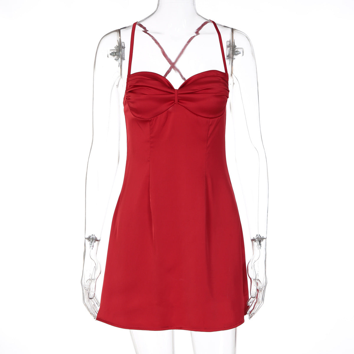 Women's Satin Sweetheart Neckline Mini Dress – Ruched Bust Spaghetti Strap Slip Dress - Image 5