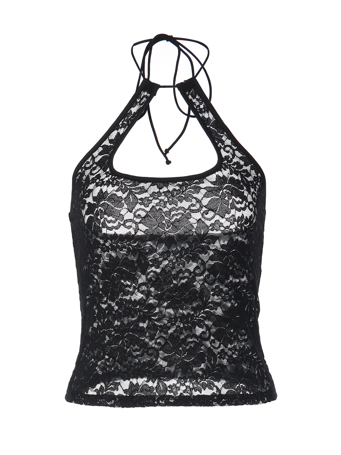 Women's Black Lace Halter Crop Top – Sheer Floral Lace Tie-Neck Y2K Tank Top - Image 5